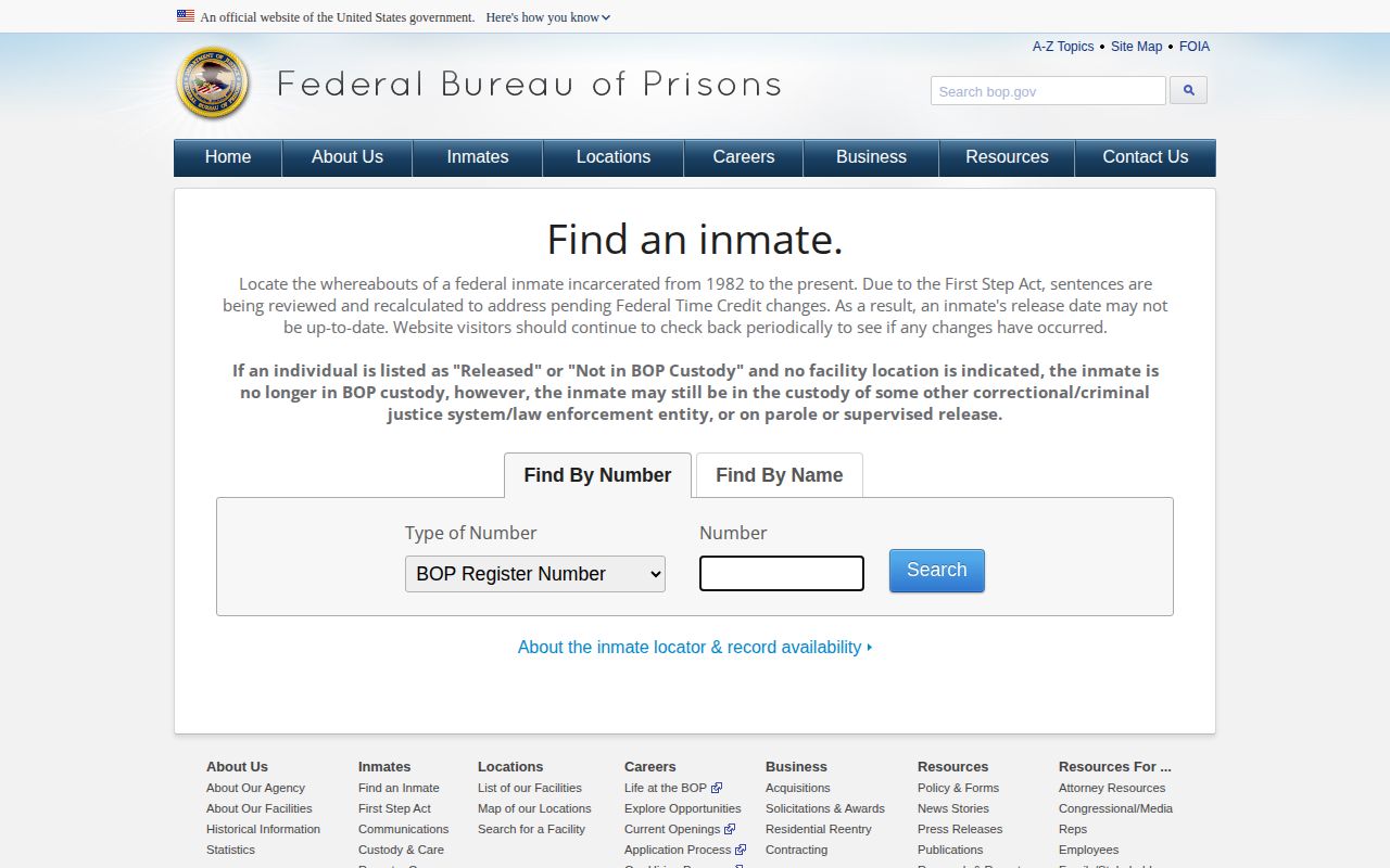 Washington County released inmates federal BOP locator search